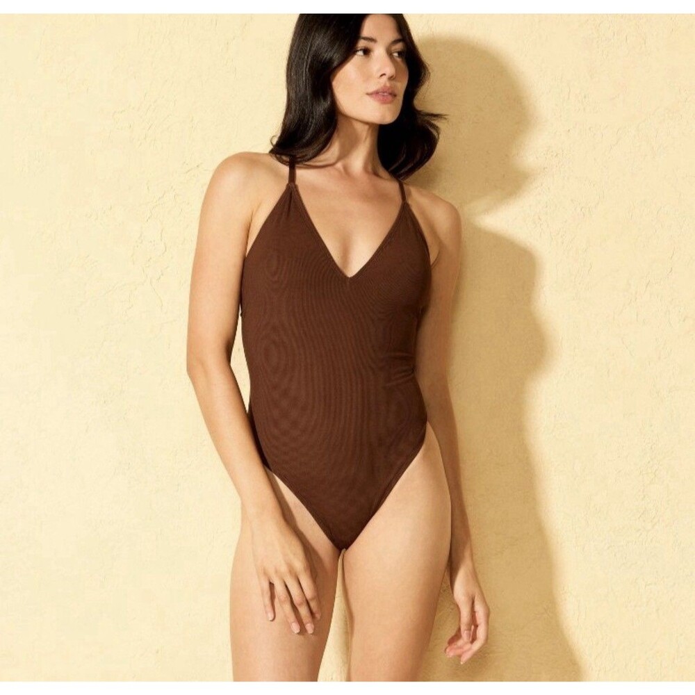 Women’s Ribbed Plunge Neck Cheeky One Piece Swimsuit Brown Medium Shade & Shore